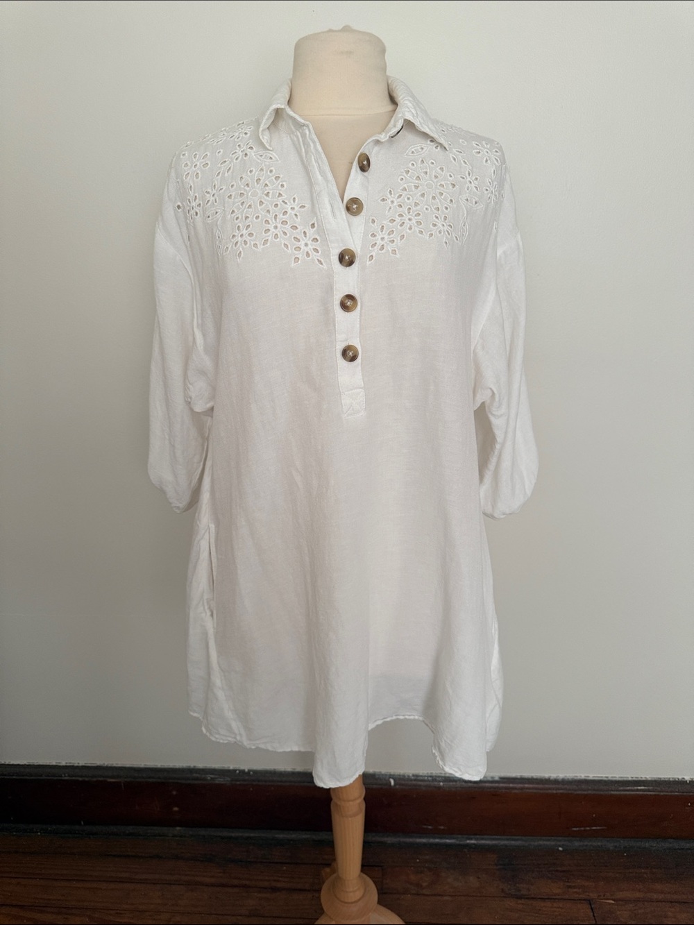 White Eyelet Linen Tunic with Button Placket